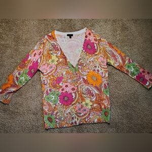 Talbots Petite SP Floral Yellow Green Orange Pink Cardigan Sweater Women Vintage